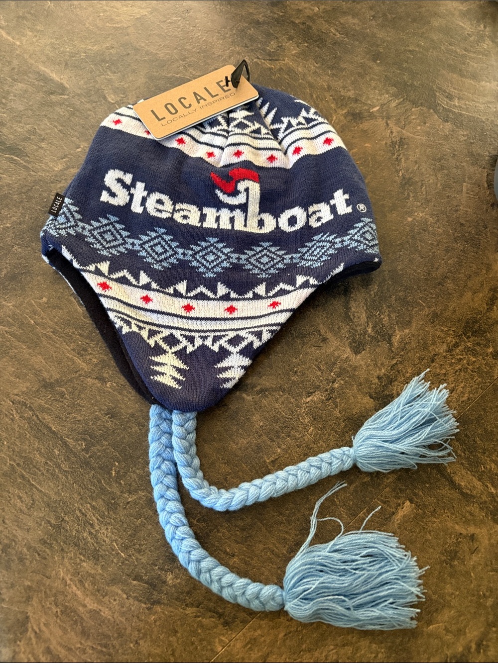 Navy Blue and Light Blue Steamboat Earflap Beanie adult size